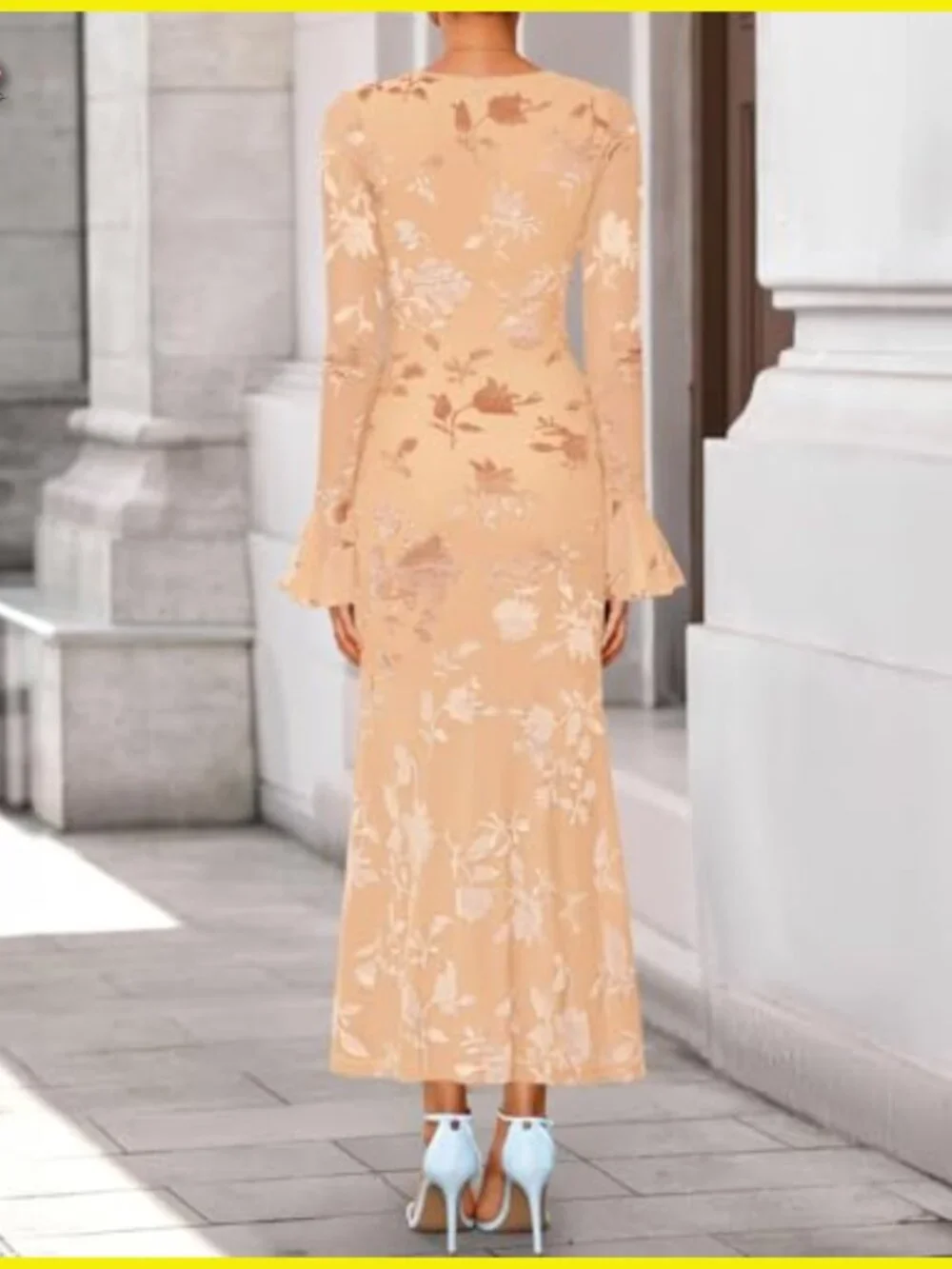 Bell Sleeve Floral Maxi Dress Bodycon Mesh Long Sleeve Cocktail Party Elegant